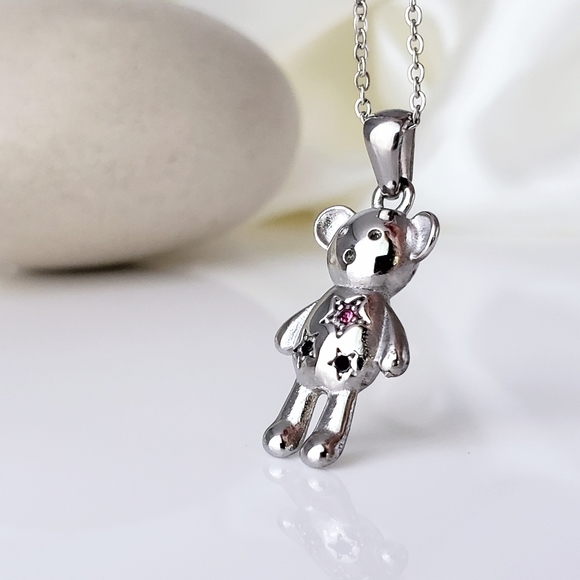 NEW 18K White Gold Silver Tone Teddy Bear Necklace with Pink CZ Diamonds - Picture 5 of 8